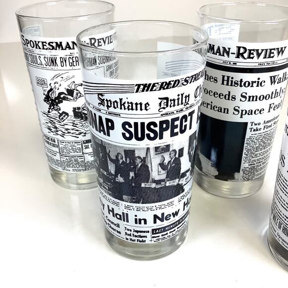 Set of 4 Spokane Daily Chronicle Spokesman Review Newspapers Vtg Bar Glasses - Picture 2 of 12
